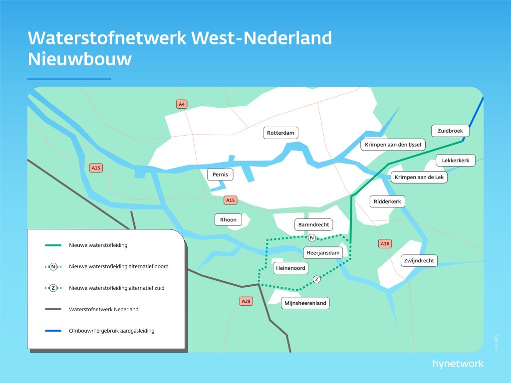 Schematische weergave van het waterstofnetwerk in West-Nederland. De kaart laat nieuwe leidingen, mogelijke alternatieve routes en bestaande aardgasleidingen zien.